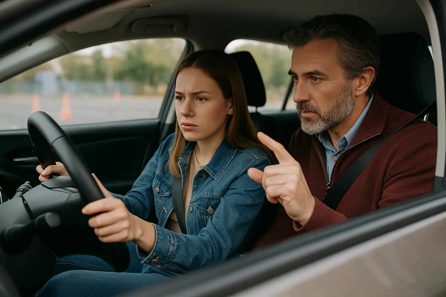 инструктор показывает расстояние ученице при парковке